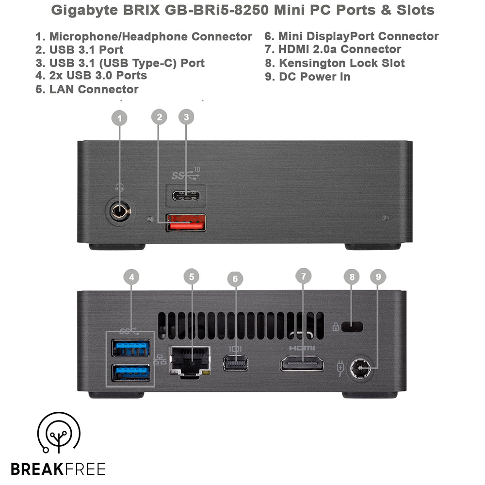 GIGABYTE Brix GB-BRi5-8250 PC i5 8250U 3.4GHz 16GB RAM 500GB SSD WiFi Bluetooth