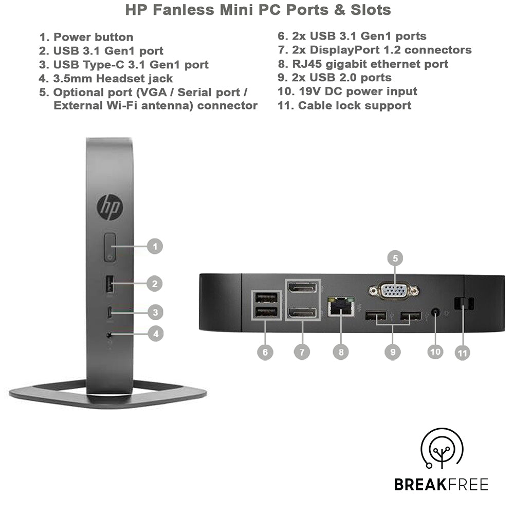 HP T530 Fanless mini PC 2GHz 8GB RAM 256GB SSD 2xDP USB-C WiFi Bluetooth