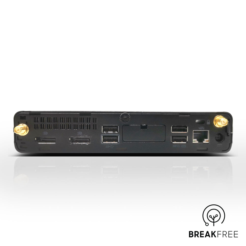 Back view of a computer case with multiple ports on a white background, featuring the 'Breakfree' brand.