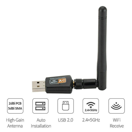 USB WiFi Adapter Wireless 600Mbps Dual band 802.11ac 2.4GHz-5GHz Antenna Laptop