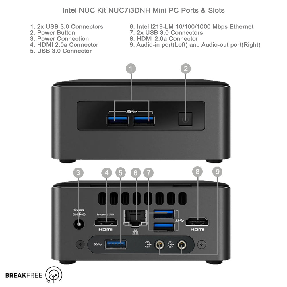 Intel NUC7i3DNH NUC PC i3 7100U 8GB RAM 256GB SSD WiFi Add-on Audio Ports
