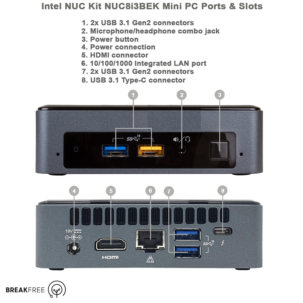Intel NUC NUC8i3BEK Mini PC i3 8109U 3.6GHz 8GB RAM 256GB SSD WiFi Bluetooth