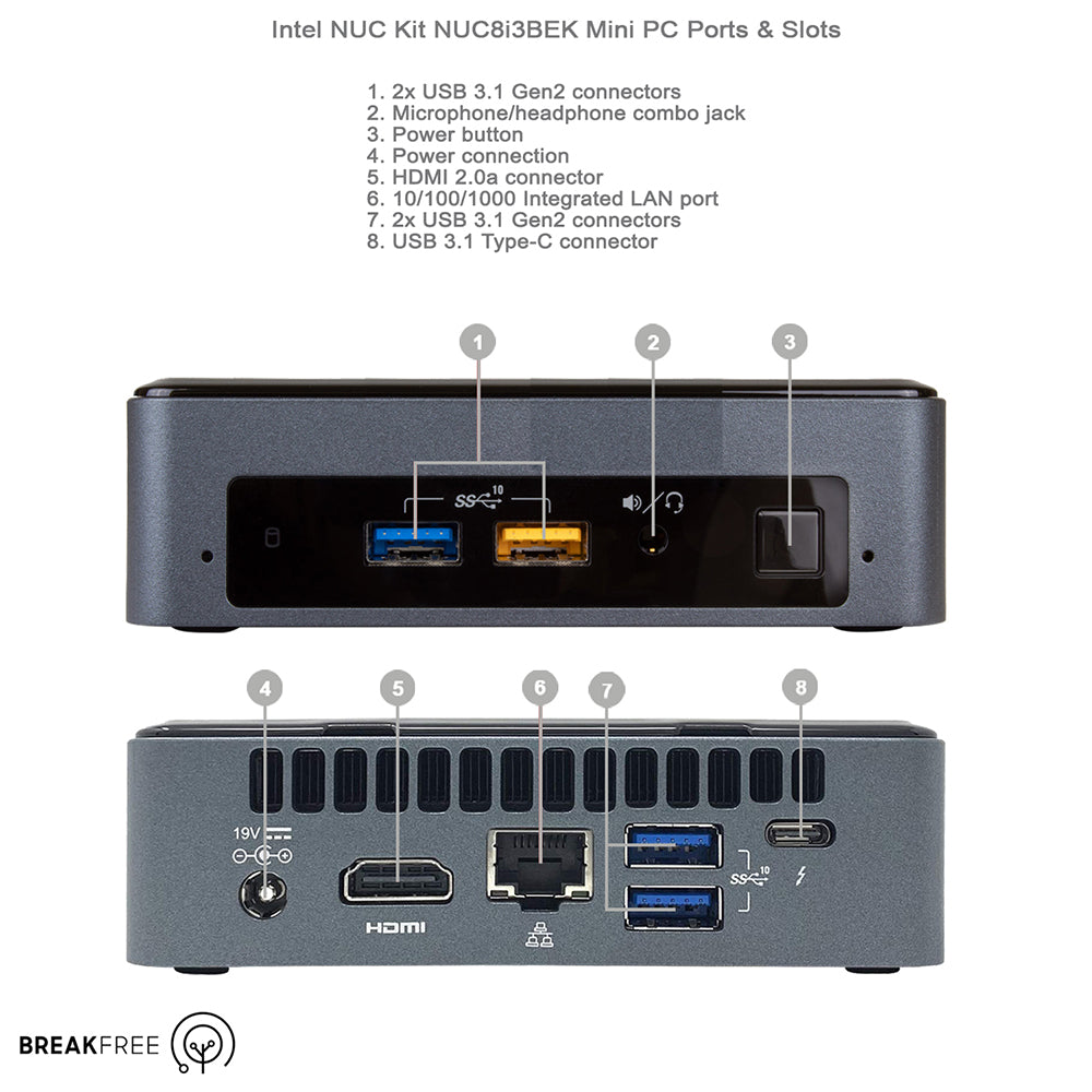 Intel NUC NUC8i3BEK Mini PC i3 8109U 3.6GHz 8GB RAM 256GB SSD WiFi Bluetooth