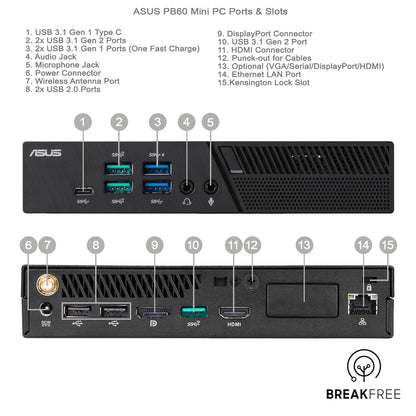 ASUS PB60 Mini PC i5 9500T 3.7GHz 8GB RAM 256GB SSD 4K WiFi Bluetooth