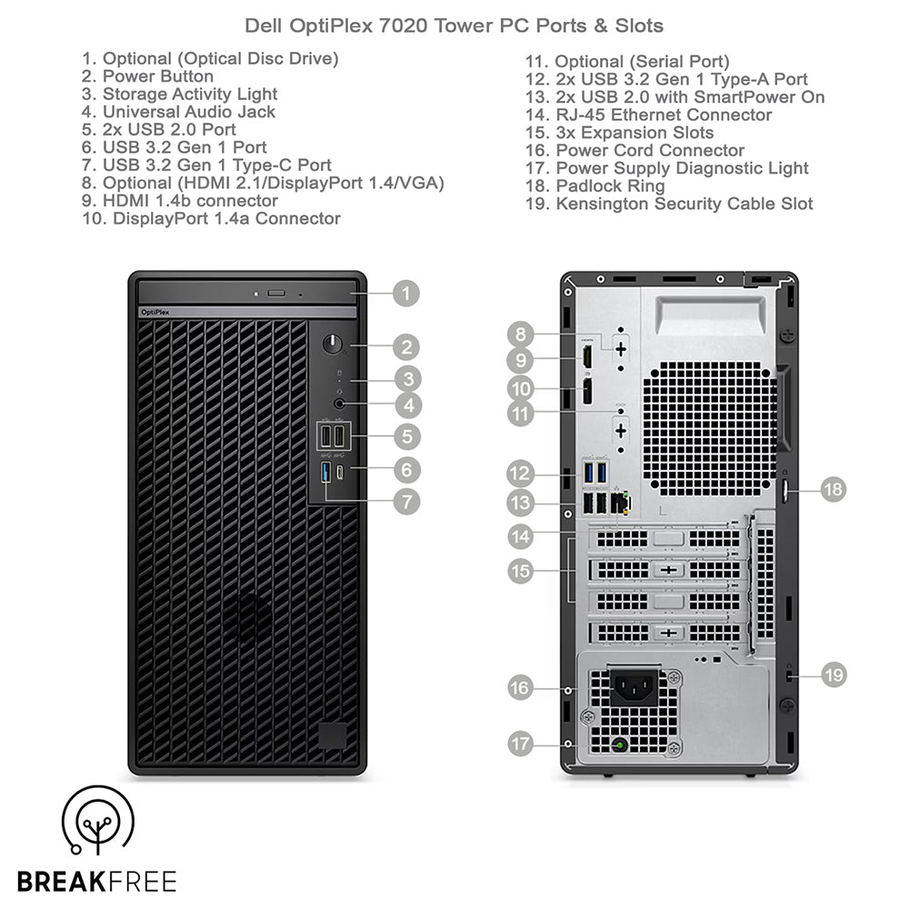 Dell OptiPlex 7020 Tower PC i5 14500 5GHz 16GB RAM 500GB SSD 1TB HDD WiFi Bluetooth
