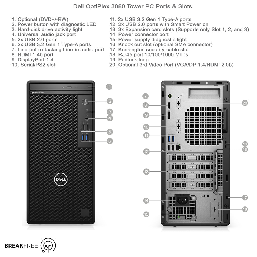 Dell OptiPlex 3080 Tower PC i5 10500 4.5GHz 16GB RAM 256GB SSD 4K