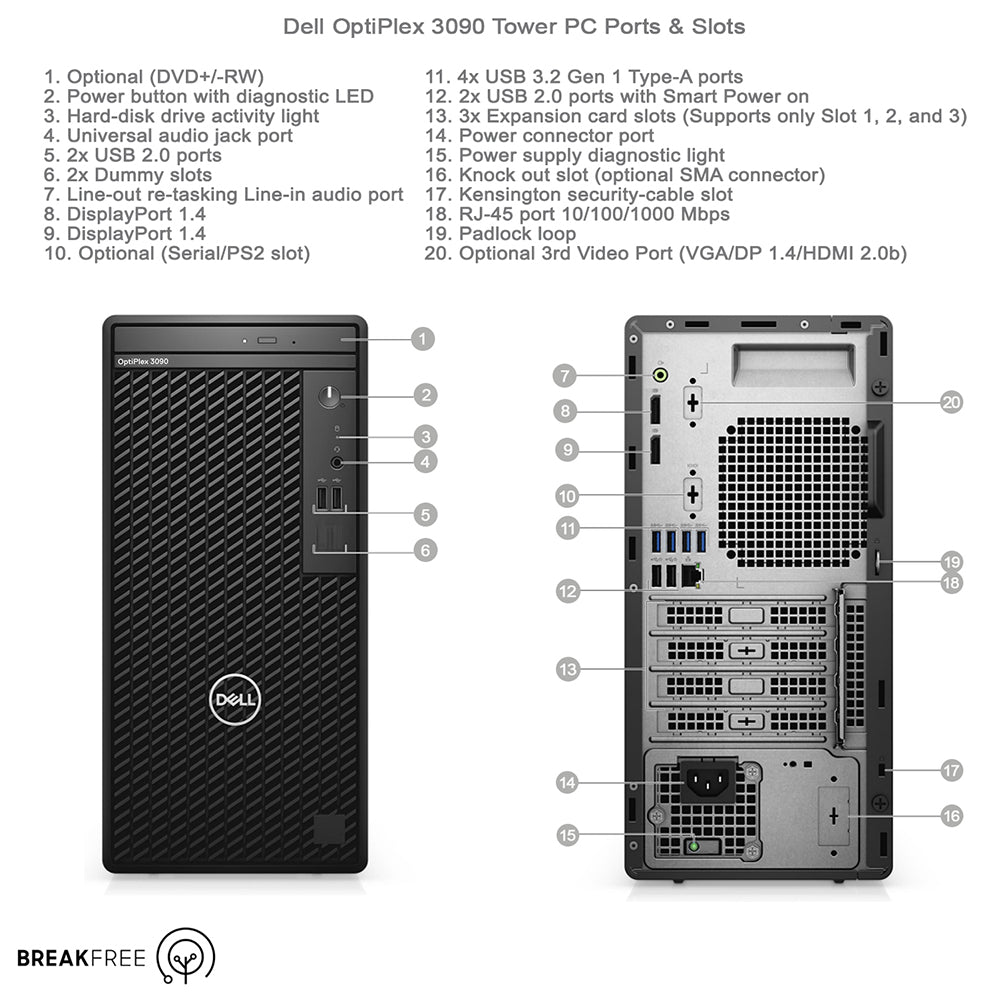 Dell OptiPlex 3090 Tower PC i3 10305 8GB RAM 512GB SSD 4K WiFi Bluetooth
