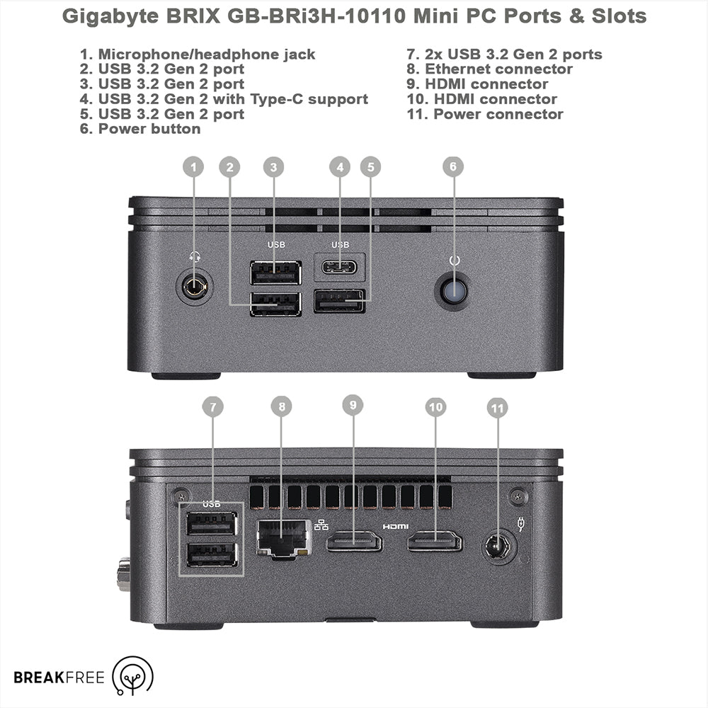 GIGABYTE Brix GB-BRi3H-10110 Mini PC i3 10110U 4.1GHz 8GB RAM 256GB SSD