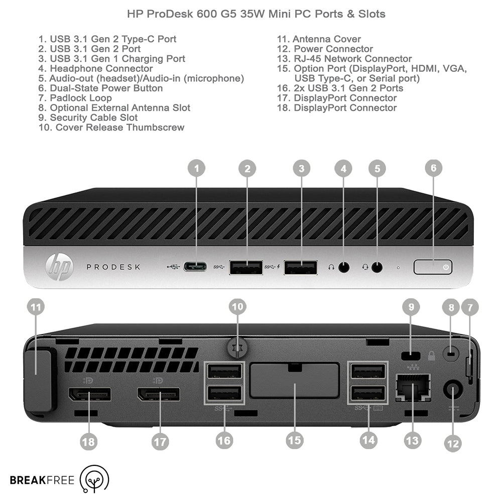 HP ProDesk 600 G5 Mini PC i3 9100T 3.7GHz 8GB RAM 256GB SSD 4K WiFi Bluetooth