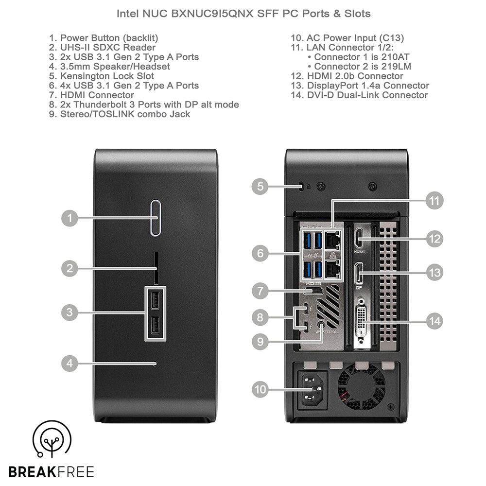 Intel NUC BXNUC9I5QNX SFF PC 1050 Ti 4GB i5 CPU 16GB RAM 256GB SSD WiFi Bluetooth