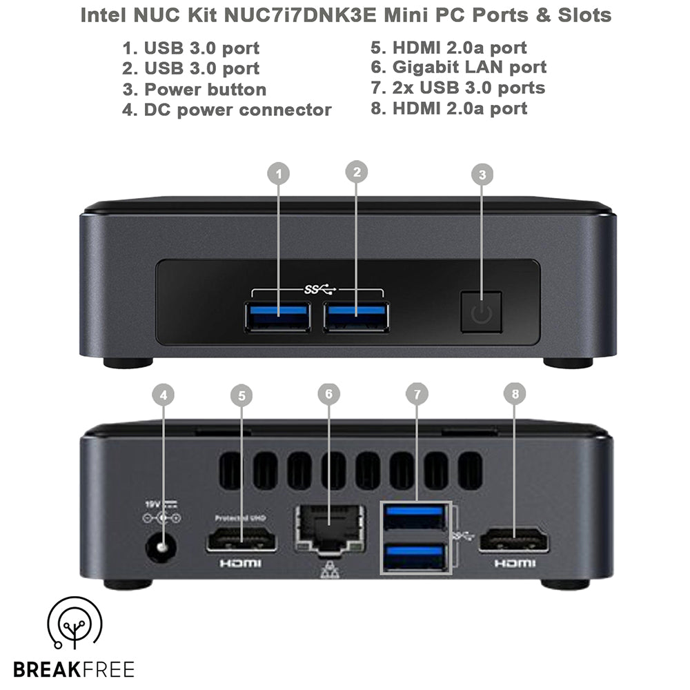 Intel NUC NUC7i7DNK3E PC i7 8650U 4.2GHz 32GB RAM 500GB SSD WiFi Bluetooth