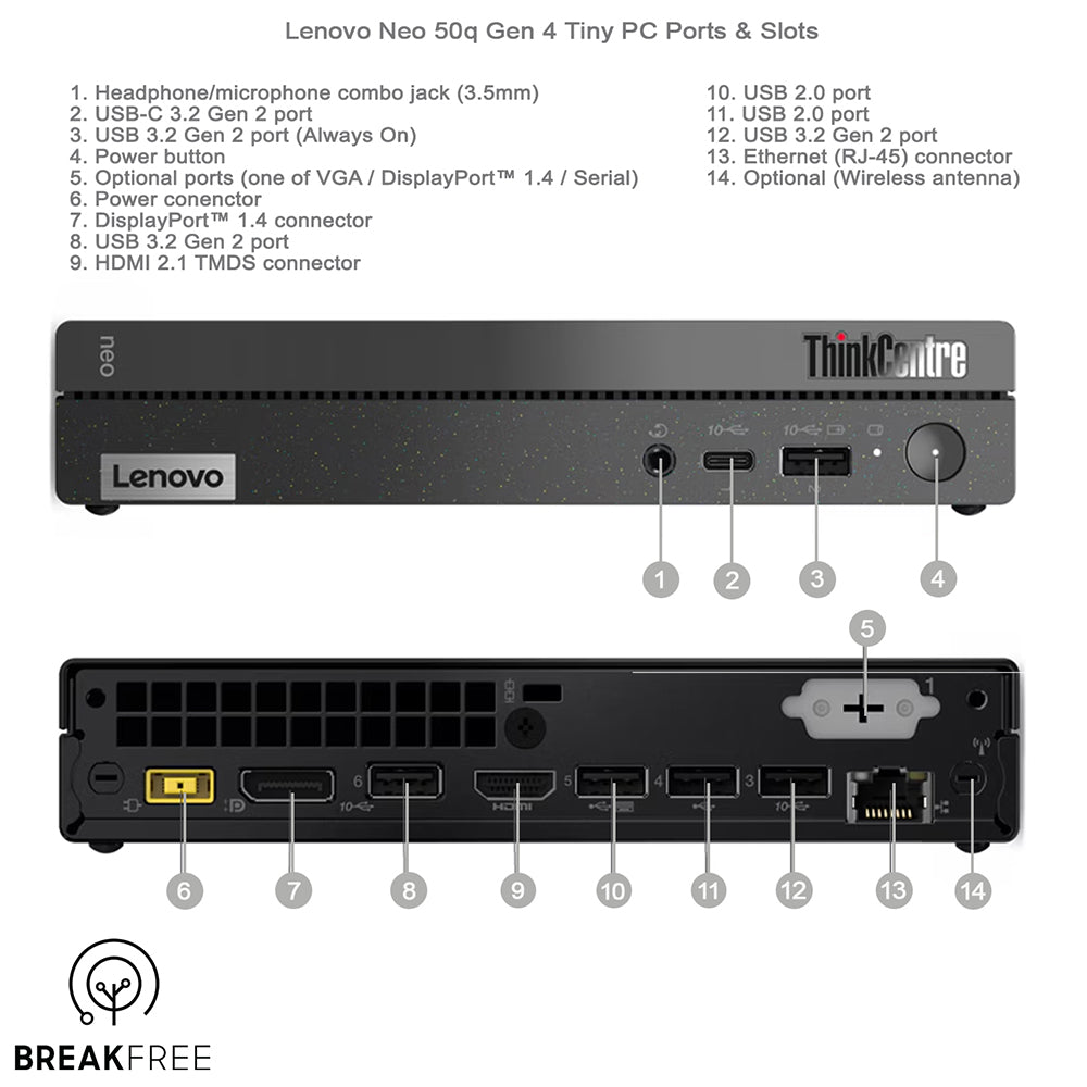 Lenovo Neo 50q Gen4 Tiny PC i5 13420H 4.6GHz 16GB RAM 500GB SSD WiFi Bluetooth