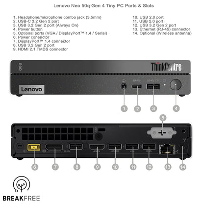 Lenovo Neo 50q Gen4 Tiny PC i5 13420H 4.6GHz 16GB RAM 500GB SSD WiFi Bluetooth