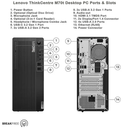 Lenovo ThinkCentre M70t Desktop PC i7 10700 4.8GHz 16GB RAM 256GB SSD 2TB HDD