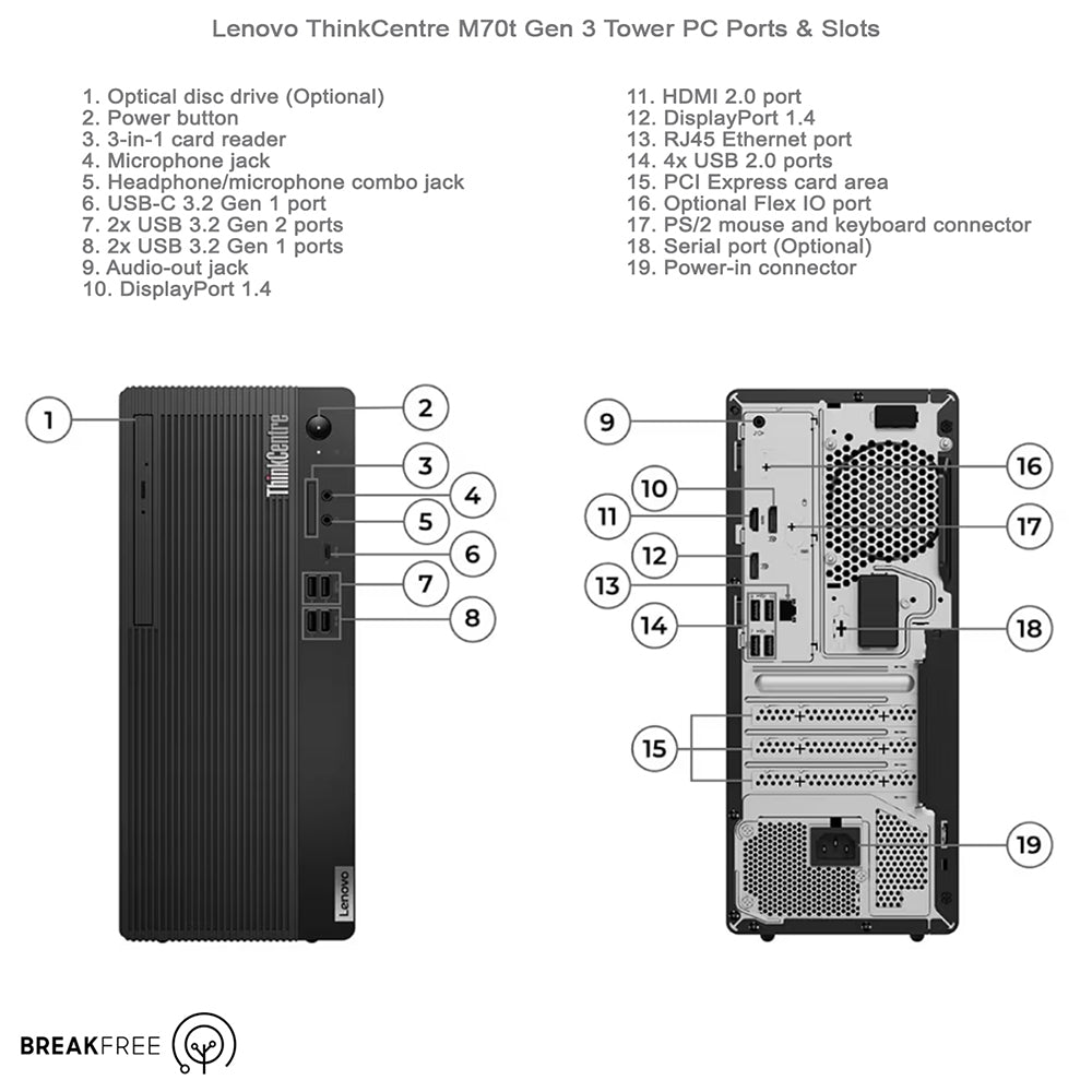 Lenovo ThinkCentre M70t Gen3 Tower PC i3 12100 4.3GHz 16GB RAM 256GB SSD VGA