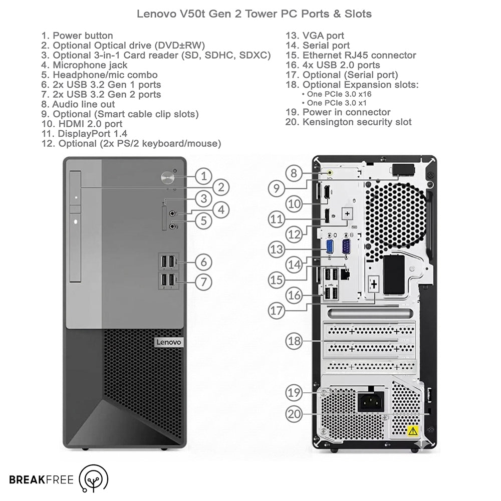 Lenovo V50t Gen 2 Tower PC i7 10700 16GB RAM 500GB SSD WiFi Bluetooth