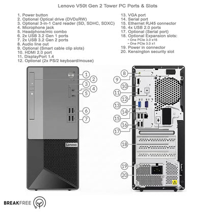 Lenovo V50t Gen 2 Tower PC i7 10700 16GB RAM 500GB SSD WiFi Bluetooth